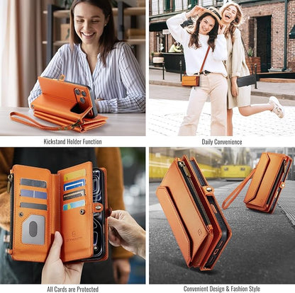 Strapurs Wallet Case Compatible with iPhone 17 Pro Max 6.9" RFID Blocking 10-Card Holder Soft PU Leather Magnetic Snap Shoulder Strap Zipper Pocket Phone Case Fit for iPhone 17 Pro Max - Orange