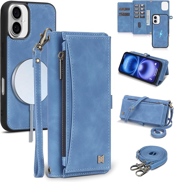 Wallet Case for iPhone 16 with Card Holder/Crossbody Wallet/Strap| RFID Blocking | Magnetic | Kickstand | Detachable | PU Leather Phone Case for iPhone 16,6.1 in,Sky Blue