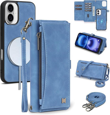Wallet Case for iPhone 16 with Card Holder/Crossbody Wallet/Strap| RFID Blocking | Magnetic | Kickstand | Detachable | PU Leather Phone Case for iPhone 16,6.1 in,Sky Blue