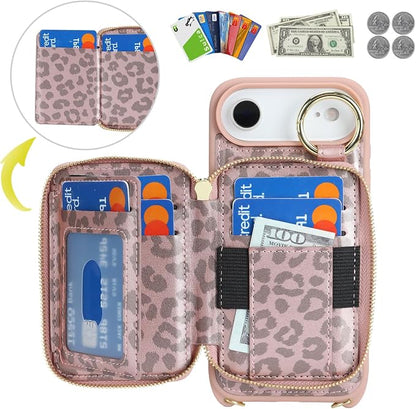 Crossbody Wallet Case for iPhone Air, PU Leather Zipper Handbag Purse Flip Cover, Kickstand Folio Case with Card Slots Holder Wrist Strap Lanyard 5G 6.5 Inch-Pink Leopard
