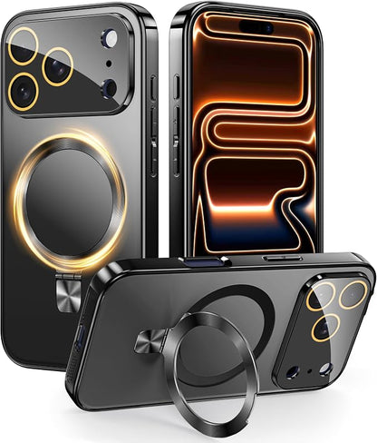 Magnetic for iPhone 17 Pro Case with Ring Stand, Fits MagSafe, with Built-in Camera Cover, Slim Electroplated Shockproof Phone Case, Black