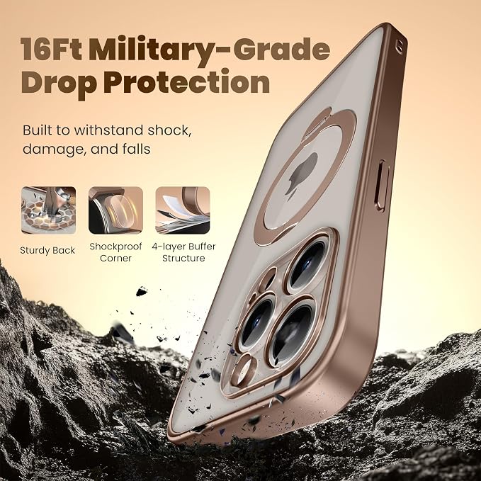 GolbinBox for iPhone 15 Pro Max Case with 360° Spin Magnetic Stand,[Compatible with Magsafe] [Military Protection][Built-in Ring Holder] Shockproof Phone Case for 15 Pro Max,Desert Titanium/Clear