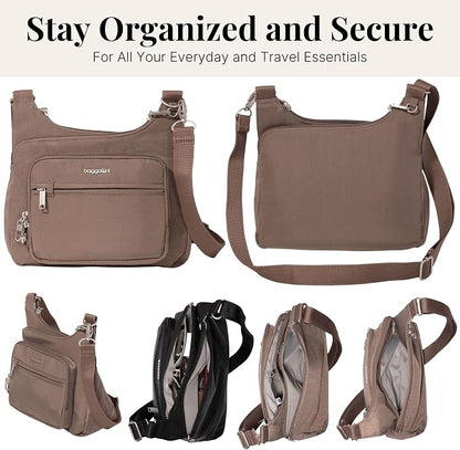 Baggallini Securtex Anti-theft Crossover Crossbody Bag 11”w X 8.5”h, Rfid, Built-in Wallet, Locking Zippers