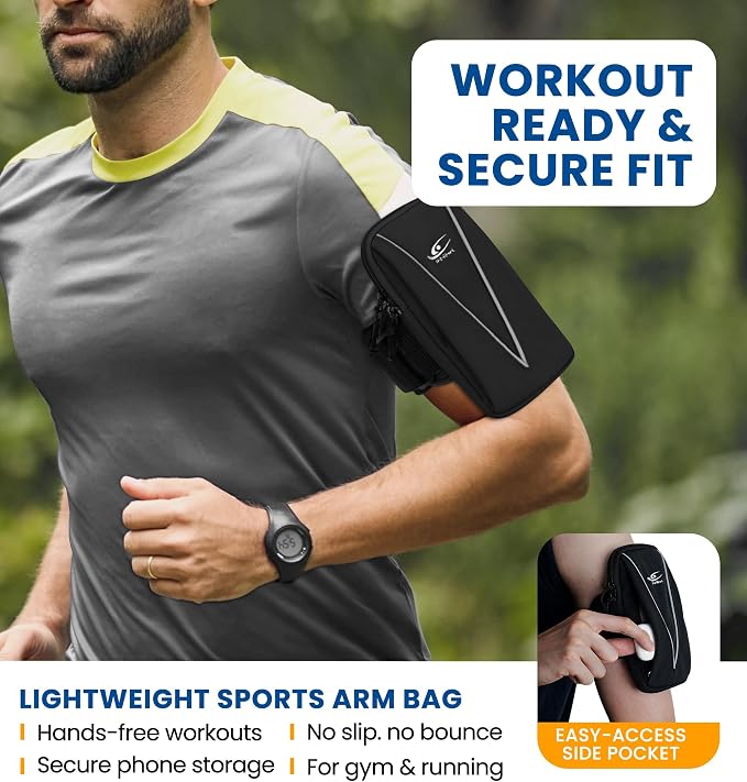 HiRui Cell Phone Holder Arm Bag & Wrist Bag for Phone, Sports Running Armband for Gym & Cycling, Compatible with iPhone 17/17Pro/Plus/16/15 Samsung Galaxy All Phones, Reflective & Adjustable (Black)