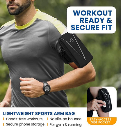 HiRui Cell Phone Holder Arm Bag & Wrist Bag for Phone, Sports Running Armband for Gym & Cycling, Compatible with iPhone 17/17Pro/Plus/16/15 Samsung Galaxy All Phones, Reflective & Adjustable (Black)