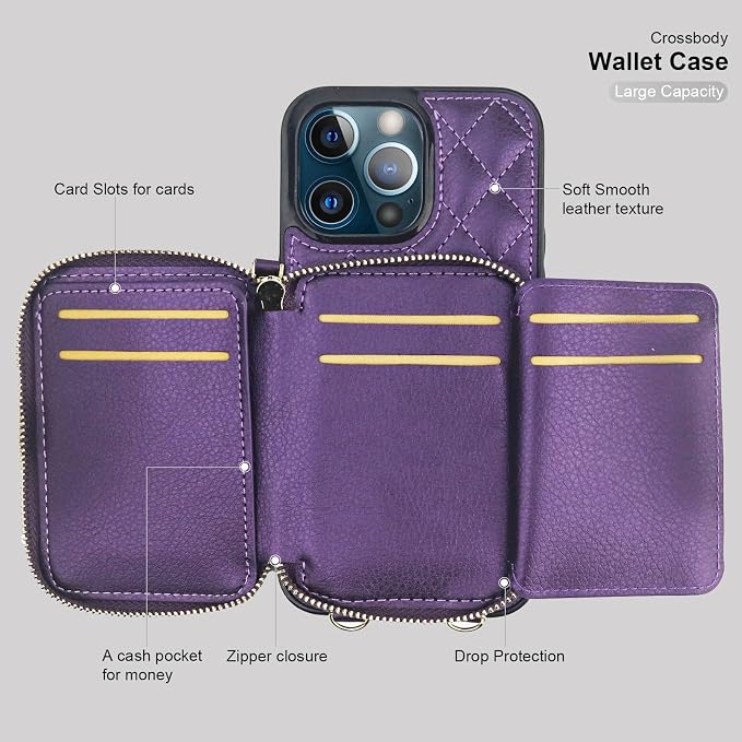 Bocasal Crossbody Wallet Case for iPhone 13 Pro Max, RFID Blocking PU Leather Zipper Handbag Purse Flip Cover, Kickstand Folio Case with Card Slots Holder Wrist Strap Lanyard 5G 6.7 Inch (Dark Purple)