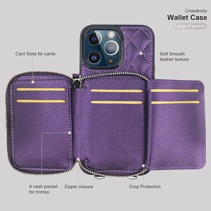 Bocasal Crossbody Wallet Case for iPhone 13 Pro Max, RFID Blocking PU Leather Zipper Handbag Purse Flip Cover, Kickstand Folio Case with Card Slots Holder Wrist Strap Lanyard 5G 6.7 Inch (Dark Purple)