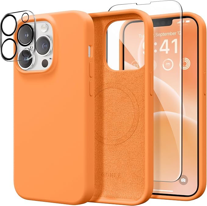 GONEZ Magnetic for iPhone 13 Pro Max Case, Compatible with MagSafe, [Screen Protector + Camera Lens Protector], Silicone Shockproof Anti-Scratch Protective Phone Case 6.7 inch, Orange
