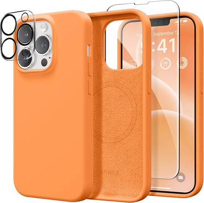 GONEZ Magnetic for iPhone 13 Pro Max Case, Compatible with MagSafe, [Screen Protector + Camera Lens Protector], Silicone Shockproof Anti-Scratch Protective Phone Case 6.7 inch, Orange