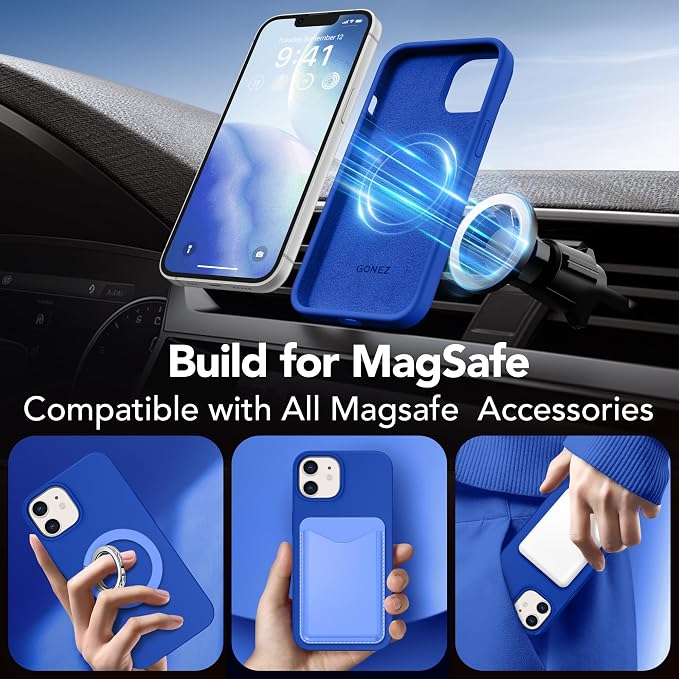 GONEZ Magnetic for iPhone 12 Case / 12 Pro Case, Compatible with MagSafe, [Screen Protector + Camera Lens Protector], Silicone Shockproof Anti-Scratch Protective Phone Case 6.1 inch, Klein Blue