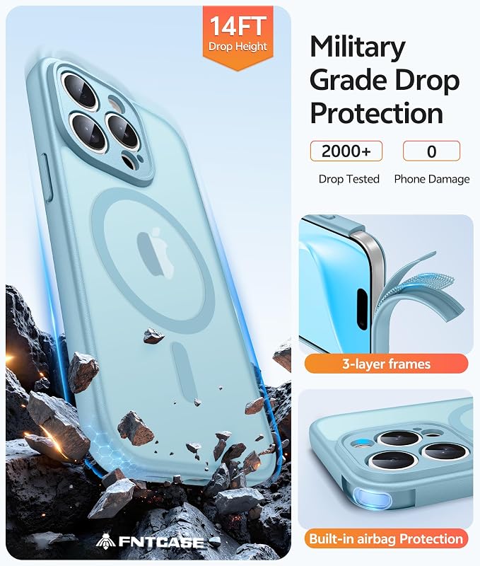 FNTCASE for iPhone 15 Pro Max Case, Fit for Magsafe, Glass Screen Protector | Full Camera Protection, Translucent Matte, 14FT Military Grade Drop Proof, Shockproof Protective Phone Cover, Teal
