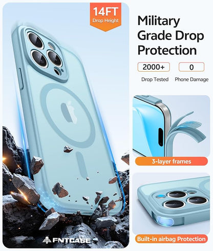 FNTCASE for iPhone 15 Pro Max Case, Fit for Magsafe, Glass Screen Protector | Full Camera Protection, Translucent Matte, 14FT Military Grade Drop Proof, Shockproof Protective Phone Cover, Teal