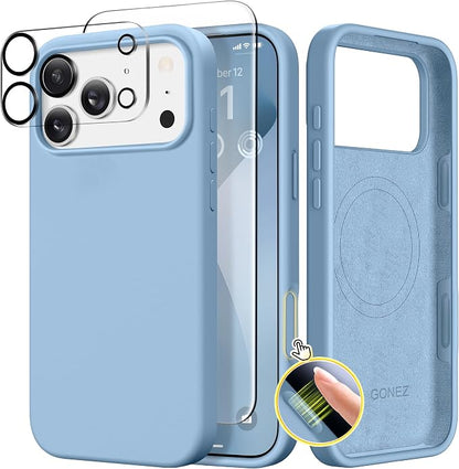 GONEZ Magnetic for iPhone 17 Pro Max Case, Compatible with MagSafe, [Screen Protector + Camera Lens Protector], Liquid Silicone Anti-Scratch Shockproof Protective Phone Case 6.9 inch, Mist Blue