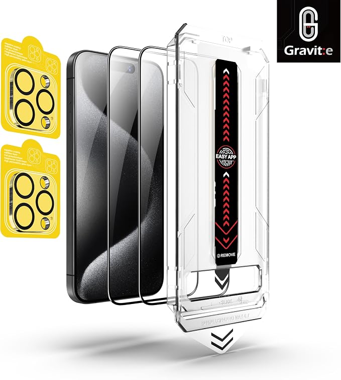 Gravit:e Screen Protector for iPhone, 9H Tempered Glass, Smart Installation Tool, Automatic Fine Dust Removal and Camera Protector 2 Pack (iPhone 15ProMax)