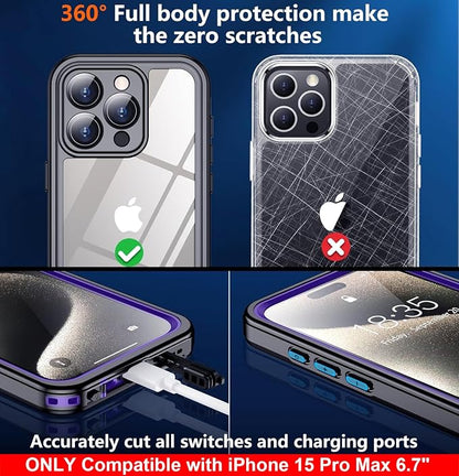 SPIDERCASE Only Designed for iPhone 15 Pro Max Case Waterproof, Built-in Lens & Screen Protector, Full Heavy Duty Protection, 12FT Military Shockproof, Dustproof, Anti-Scratched Phone Case, Purple