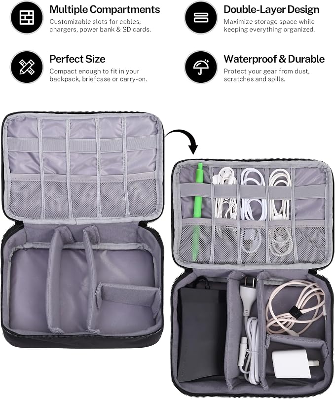 Waterproof Electronics Accessories Organizer Case - Double Layer Cable Organizer Bag for Travel, Chargers, Cords, Digital Device Storage - Black