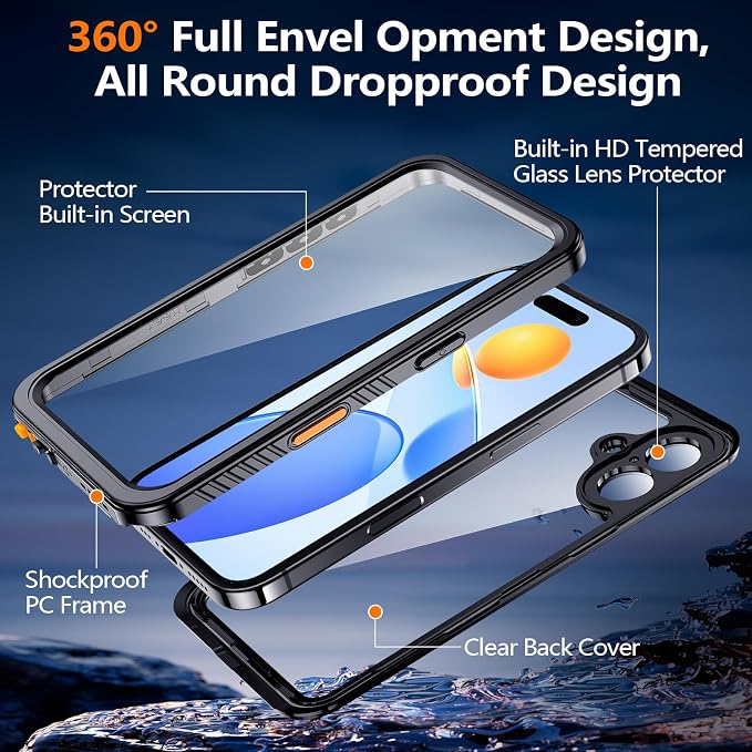 xiwxi for iPhone 16 Case Waterproof,[IP68 Underwater][Built-in Screen Protector & Camera Protector][15FT Military Dropproof][Dustproof] Full Body Shockproof Protective Phone Case 6.1" Black