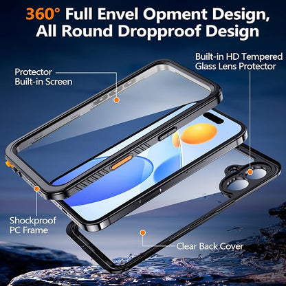 xiwxi for iPhone 16 Case Waterproof,[IP68 Underwater][Built-in Screen Protector & Camera Protector][15FT Military Dropproof][Dustproof] Full Body Shockproof Protective Phone Case 6.1" Black