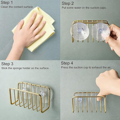 Kitchen Sink Suction Holder for Sponges,Soap,sink strainer, sink stopper.Food Graded Stainless Steel,No Drilling,Wall Mounted Soap Holder Soap Tray Bar Holder for Bathroom & Kitchen,Gold.
