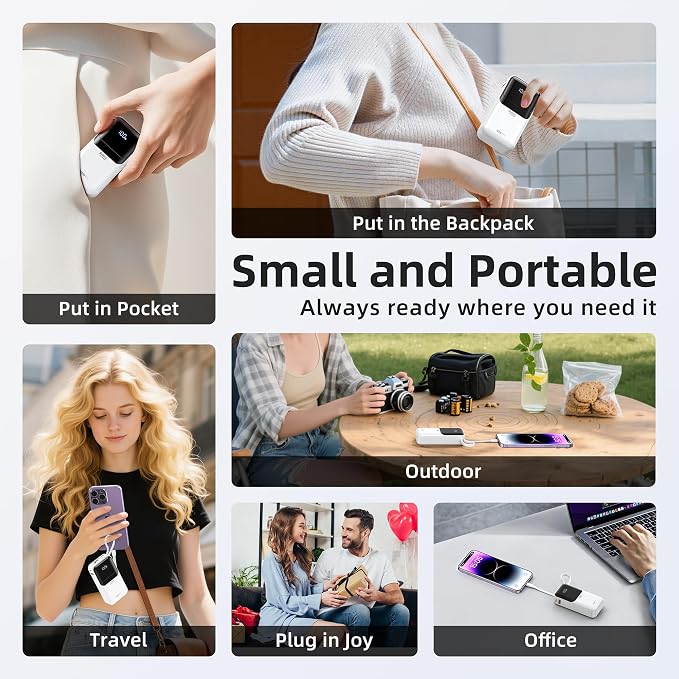 Portable Charger Power Bank Fast Charging,10,000mAh Battery Pack with Built in USB C & Lightning Cable,PD 30W Output for iPhone 17/16/15 Series,LED Display,4 Outputs for Samsung,Android etc