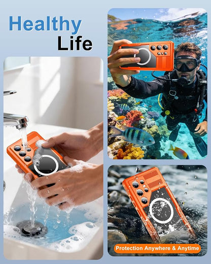 for Samsung Galaxy S26 Ultra Waterproof Case, [Fit for Magsafe] [IP68 Water Proof] [Built-in Screen Protector], Magnetic Heavy Duty Military Grade Rugged Phone Case for S 26 Ultra 6.9", Orange