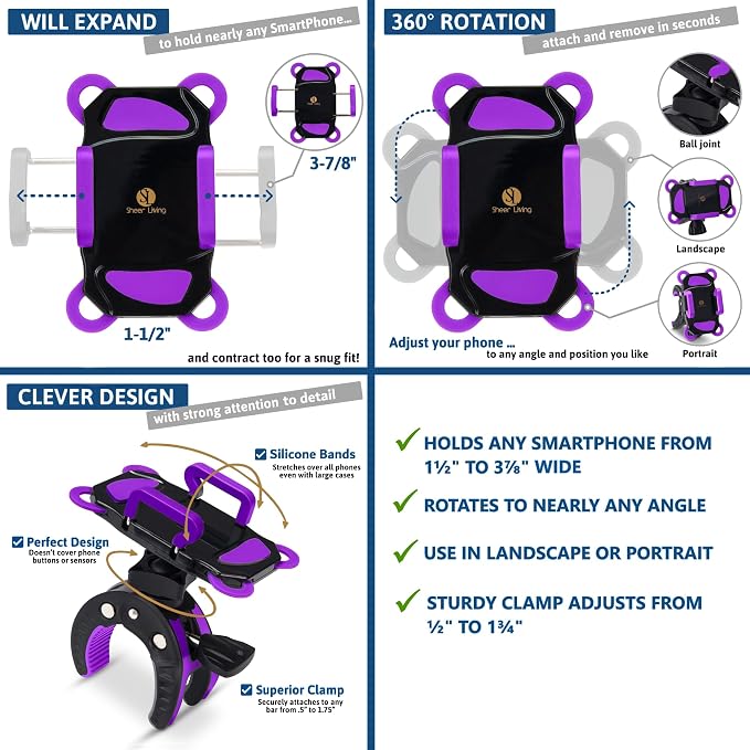 Baby Stroller Phone Holder, Shopping Cart, Golf Cart, Push Cart, Bike Phone Mount, for Motorcycle, Scooter, ATV, Boat, Spin Bike, Treadmill, Handlebar- Universal- iPhone, Cell Phone Clamp (Purple)