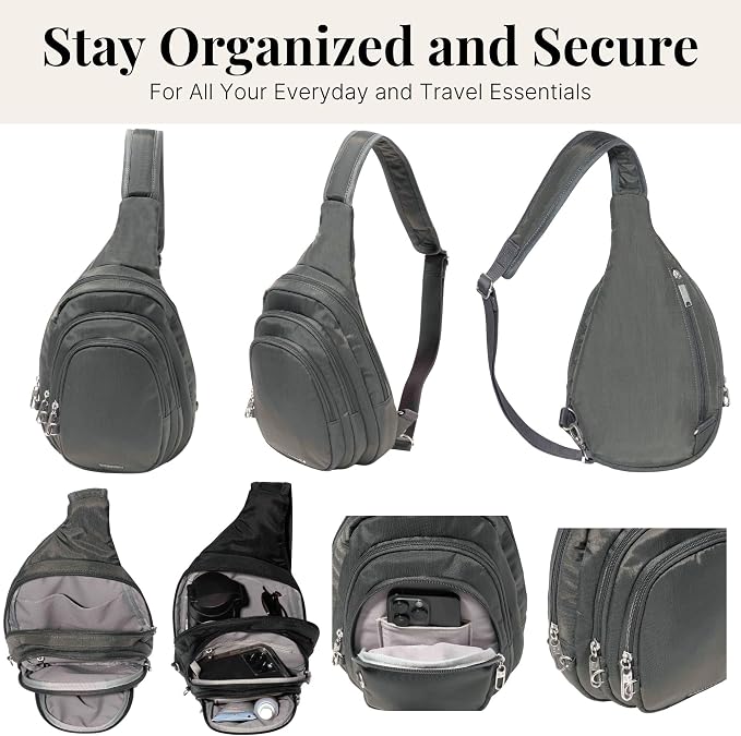 Baggallini Securtex® Anti-Theft Multi Zip Sling - Lightweight 8.6"x15.2" Travel Bag with Locking Zippers & RFID Protection