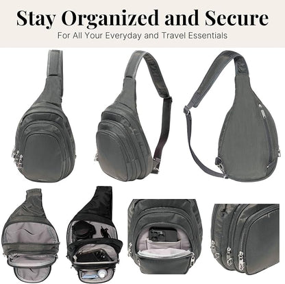 Baggallini Securtex® Anti-Theft Multi Zip Sling - Lightweight 8.6"x15.2" Travel Bag with Locking Zippers & RFID Protection