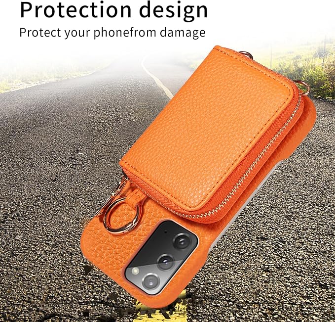 Wallet Case for Samsung Galaxy Note 20 5G with Shoulder Strap Ring Buckle, PU Leather Flip Organ Purse, Card Holder Stand Phone Cover for Note20 Notes 20s Twenty Not S20 Women Men Orange