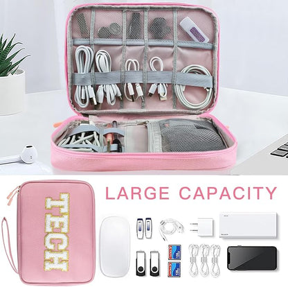 COSHAYSOO Electronics Bag Case Cable Cords Organizer Travel Essentials for Women College Teen Girls Vacation Dorm Accessories Preppy Personalized Gift (Large Pink)