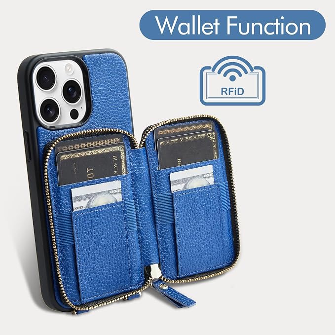 ZVE for iPhone 14 Pro Max Wallet Case Crossbody, Card Phone Case for Women, Zipper RFID Blocking Leather Cover with Wrist Strap, Purse for iPhone 14 Pro Max, 6.7", 2022- Navy Blue