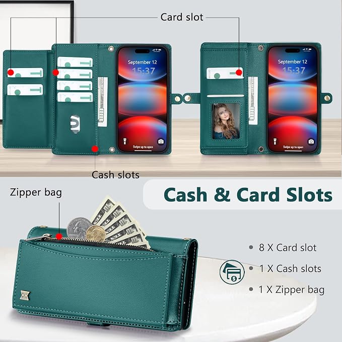Wallet Case for iPhone 17 Pro Max with Card Holder/Crossbody Wallet/Strap,[RFID Blocking][Magnetic] PU Leather Phone Case for iPhone 17 Pro Max,6.9 in,Green