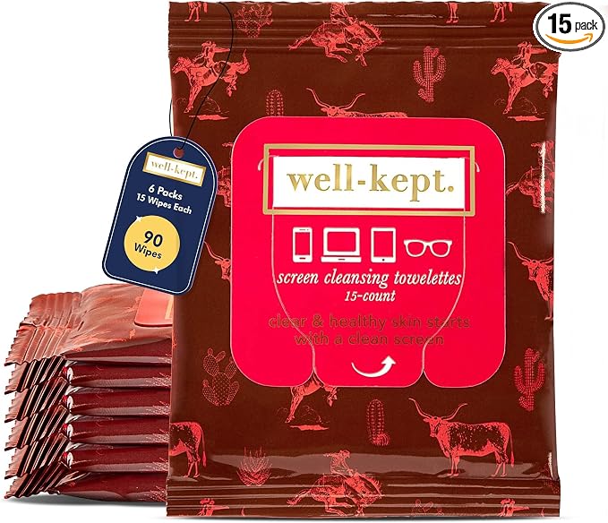 Well-Kept Tech & Lens Wipes - Eyeglass, Screen & Phone Cleaning, Multi-Surface, Lint-Free, Pre Moistened, Streak-Free & Non Scratching - Texas Hold Em, 6 Pack (90 Count)