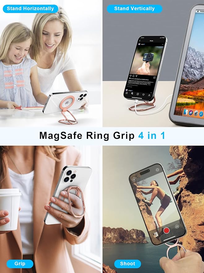 【2025 Upgraded】 Mag Safe Phone Ring Holder, SUPERONE Adjustable Magnetic Kickstand & Removable Phone Grip Compatible with Wireless Charging Only for iPhone 17 & 16 & 15 & 14 & 13 Series - Rose Gold