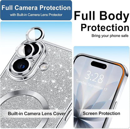 Hython for iPhone 17 Case Glitter Clear Magnetic Phone Cases [Compatible with MagSafe] Full Camera Lens Protector Sparkle Luxury Plating Slim Shockproof Protective Cover Women, Silver