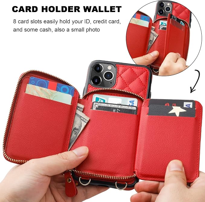 Bocasal Crossbody Wallet Case for iPhone 11 Pro Max, RFID Blocking PU Leather Zipper Handbag Purse Flip Cover, Kickstand Folio Case with Card Slots Holder Wrist Strap Lanyard 6.5 Inch (Red)
