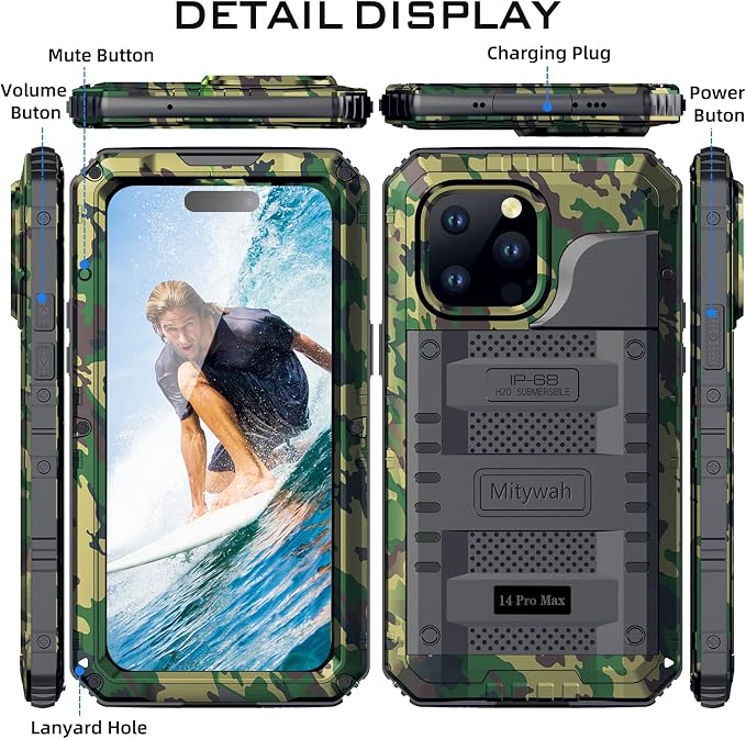 Mitywah Waterproof Case for iPhone 14 Pro Max, Heavy Duty Shockproof Case with Built-in Screen Protector, Full Body Underwater Protective Metal Case 6.7 inch, Camouflage