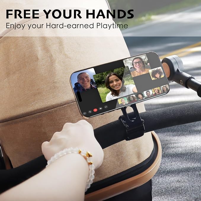 Magnetic Phone Holder for Stroller Bar, Compatible with MagSafe (Strong Magnet) - 180° Adjustable for Gym, Home Fitness Bikes, Shopping Cart, with Adjustable Strap, All Phone (Magnetic Ring Included)