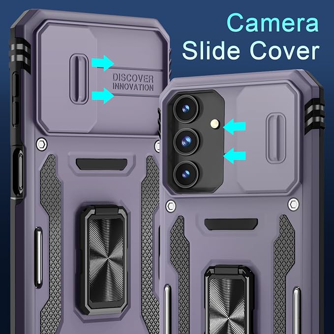 DEERLAMN Case for Samsung Galaxy A16 5G with Slide Camera Cover+Screen Protector (1 Pack), Rotated Ring Kickstand Military Grade Shockproof Protective Cover-Deep Purple