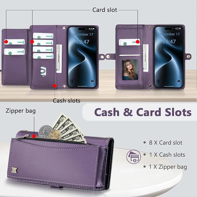 Wallet Case for iPhone 15 Pro Max with Card Holder/Crossbody Wallet/Strap| RFID Blocking | Magnetic | Kickstand | Detachable | PU Leather Phone Case for iPhone 15 Pro Max,6.7 in,Purple