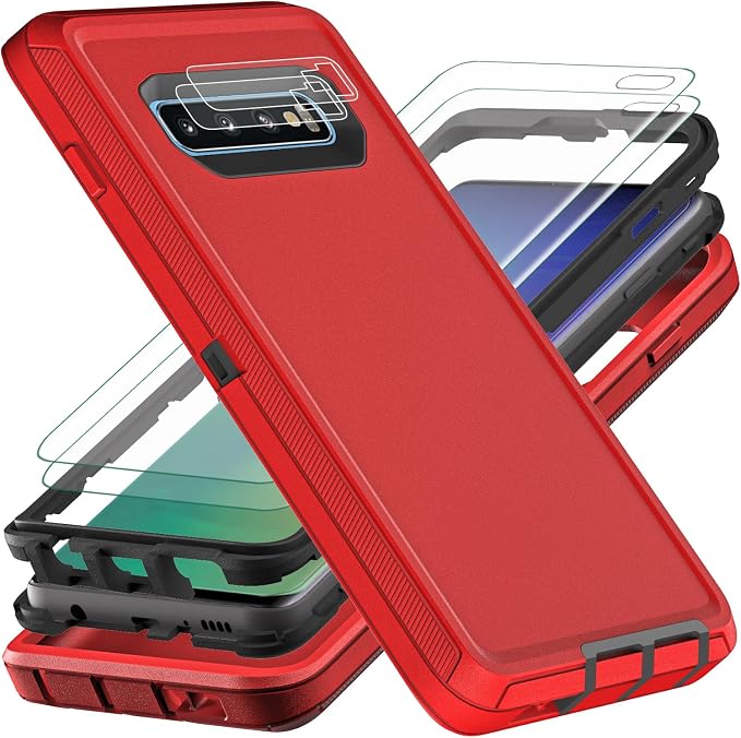 for Samsung Galaxy S10 Plus Case, with 2Pcs [Self Healing Flexible TPU Screen Protector & Camera Lens Protector] Military Grade 3 in 1 Heavy Duty Case for Galaxy S10 Plus (Red/Black)