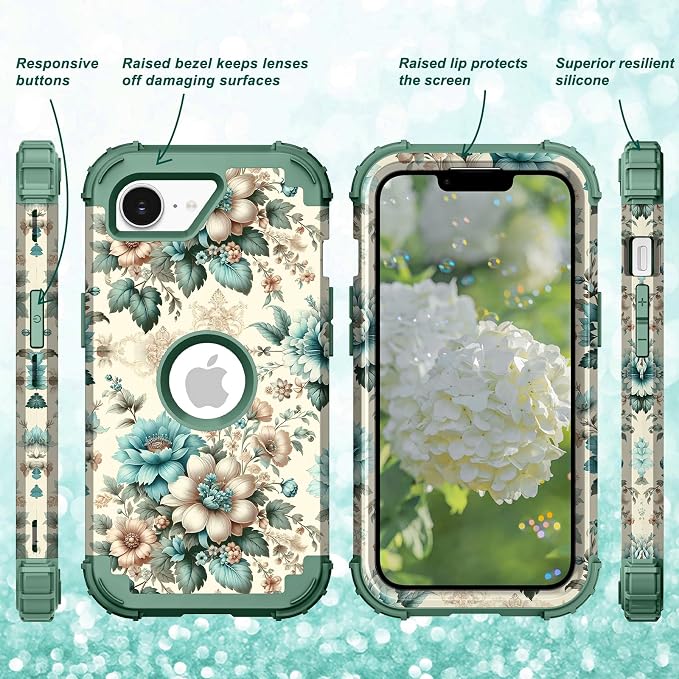 Hocase for iPhone 17e/iPhone 16e Case, Heavy Duty Shockproof Protection Hard Plastic+Silicone Rubber Hybrid Protective Phone Case for iPhone 17e/16e 6.1" - Teal Blue Flowers