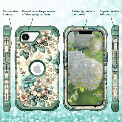 Hocase for iPhone 17e/iPhone 16e Case, Heavy Duty Shockproof Protection Hard Plastic+Silicone Rubber Hybrid Protective Phone Case for iPhone 17e/16e 6.1" - Teal Blue Flowers