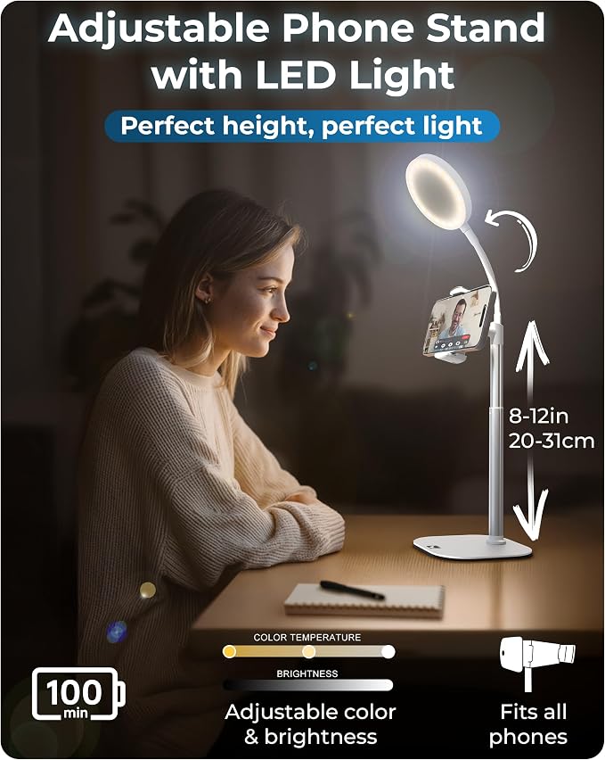 Phone Stand for Recording with Light for Desk - ChatStand Halo 9-13" Adjustable, Portable Ring Light Tripod, iPhone Stand for Desk & Phone Holder for Video Recording, Filming, Zoom Calls (Frost White)
