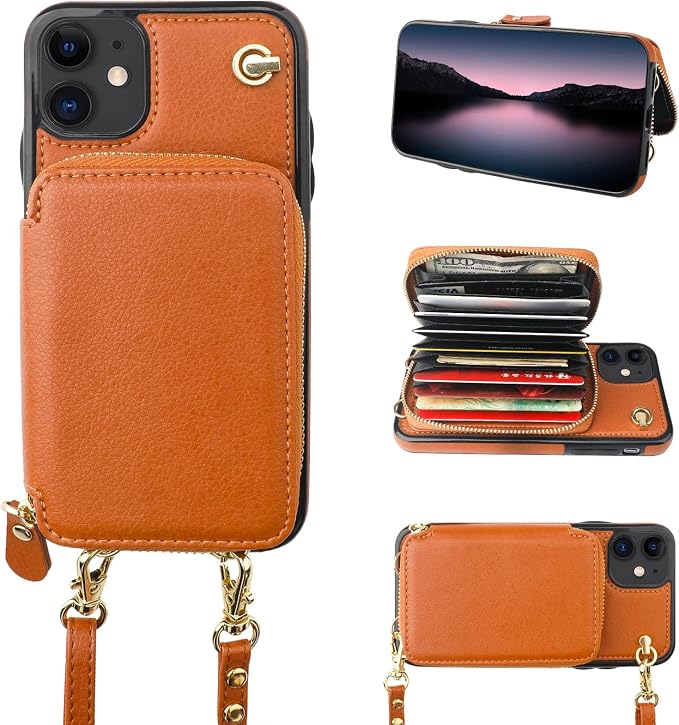 Bocasal Crossbody Wallet Case for iPhone 11, RFID Blocking Leather Purse Case with Card Holder, Protective Handbag Flip Cover with Zipper Wrist Strap Lanyard for Women 6.1 Inch (Brown)