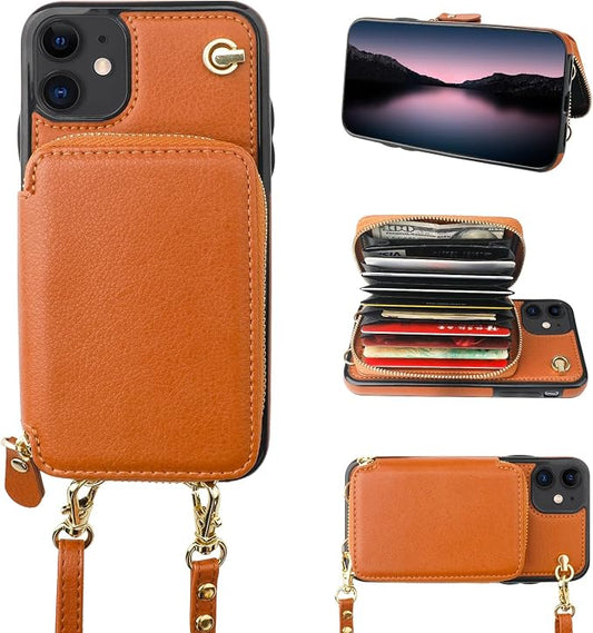 Bocasal Crossbody Wallet Case for iPhone 11, RFID Blocking Leather Purse Case with Card Holder, Protective Handbag Flip Cover with Zipper Wrist Strap Lanyard for Women 6.1 Inch (Brown)