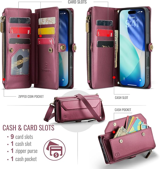 Strapurs Wallet Case Compatible with iPhone 17 6.3" RFID Blocking 9-Card Holder Soft PU Leather Magnetic Snap Shoulder Strap Zipper Pocket Phone Case Fit for iPhone 17 for Women - WineRed