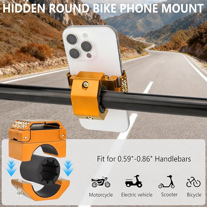 Bike Phone Holder, Motorcycle Phone Mount, Aluminum Alloy Bicycle Handlebar Cell Phone Stand, 360°Rotate Ebike Scooter Phone Clamp Clip, Suitable for 4.5-7.0" Smartphones (Gold)
