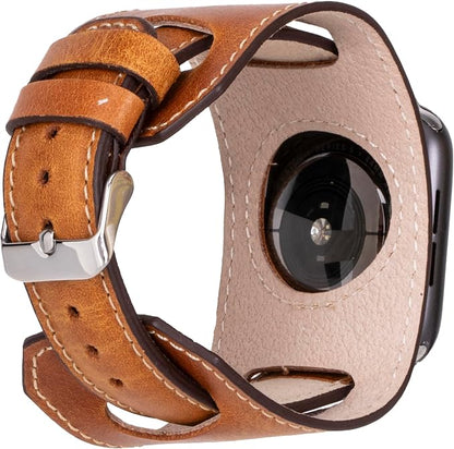 HARDISTON Cuff Watch Band Compatible with Apple 49mm for men & women, Handmade Genuine Leather, Compatible with iWatch Series 11 10 9 8 7 6 5 4 3 2 1 SE Ultra, Wrist Bracelet Band, Large/Band-Amber