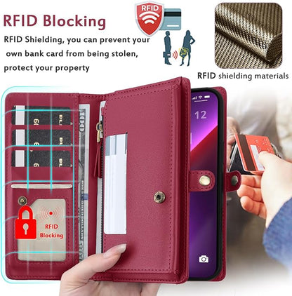 for Wallet Case Compatible with iPhone 13 Pro Max,Multi-Function Detachable 2 in 1 Magnetic iPhone 13 Pro Max Case Wallet,Flip Strap Zipper Card Holder Phone Case with Shoulder Straps (Red)